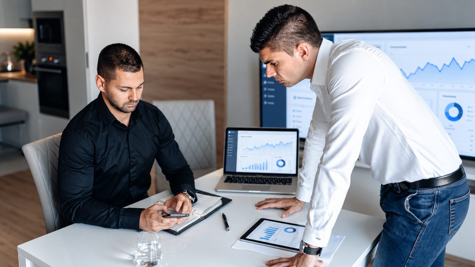 Two colleagues reviewing marketing performance dashboards on a laptop, tablet and wall screen