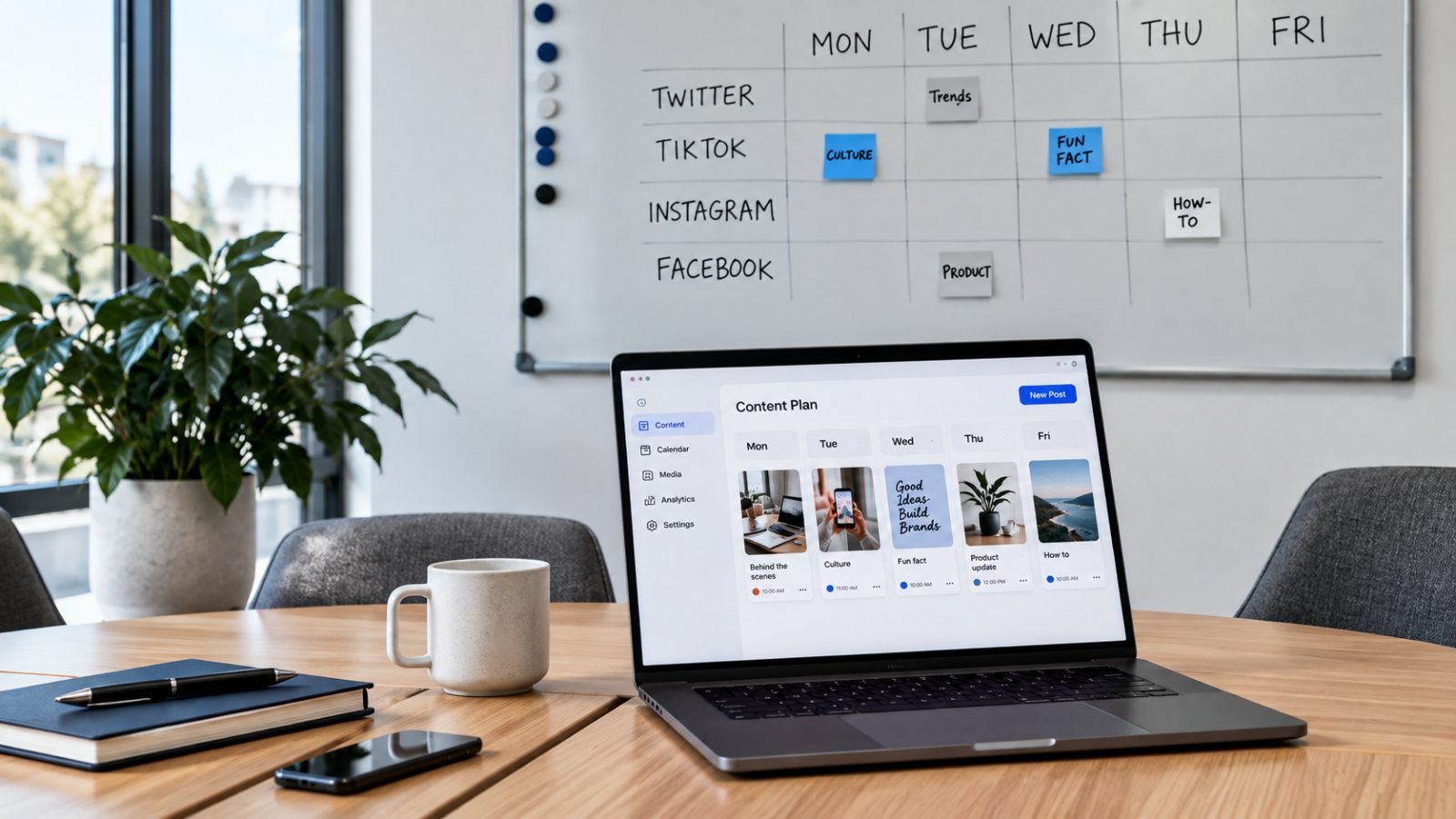 Whiteboard content plan for social channels above a laptop showing a weekly post schedule