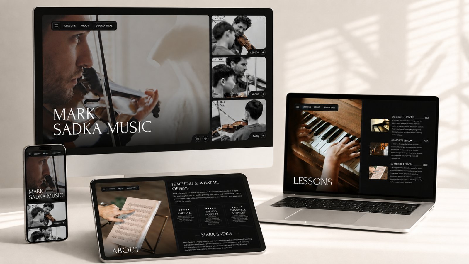 Mark Sadka Music website shown on desktop, laptop, tablet and mobile, with the lessons and about pages