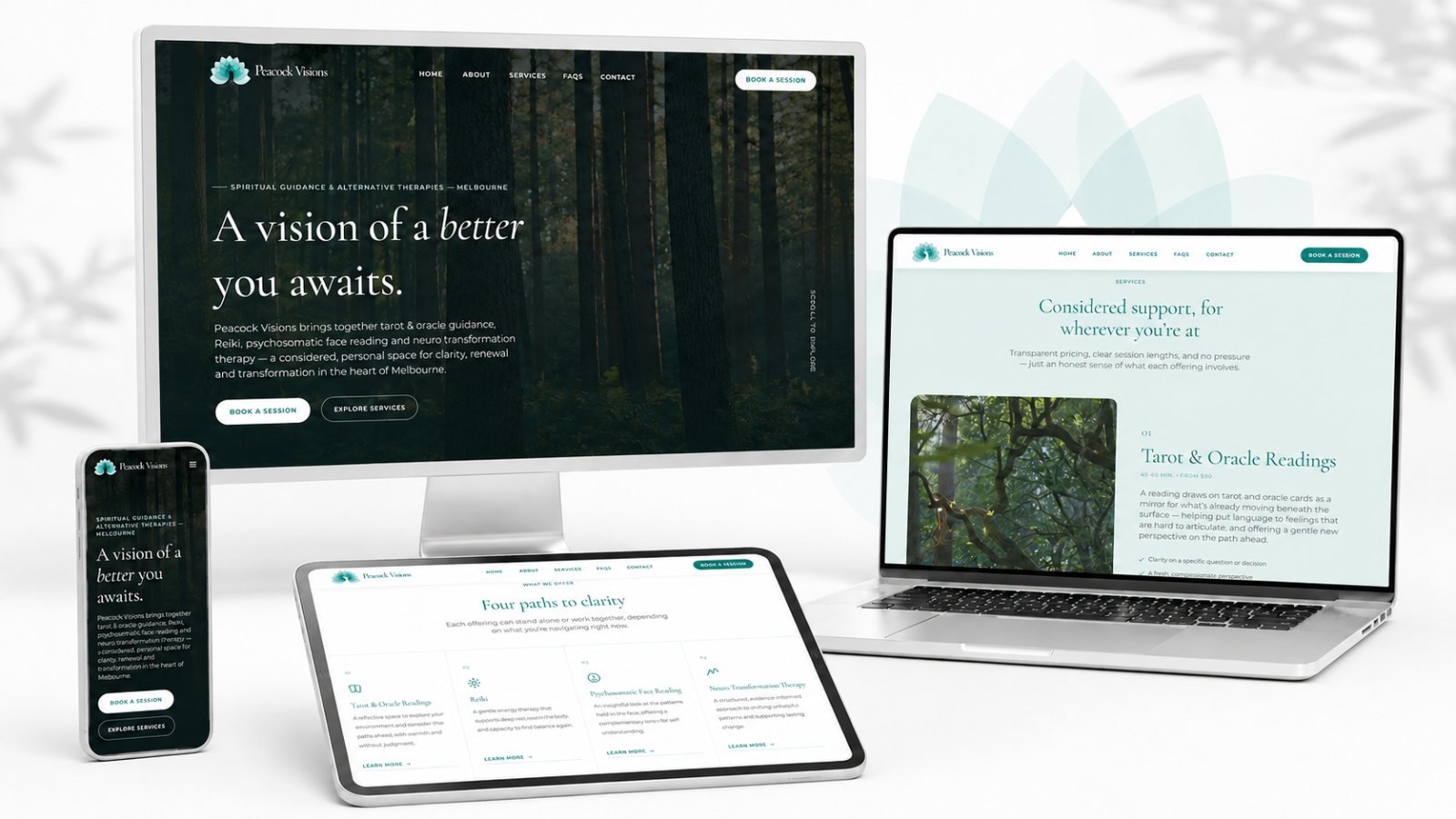 Peacock Visions website shown on desktop, laptop, tablet and mobile, with the forest hero and services pages