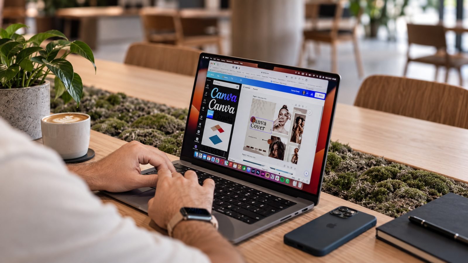 Person working on a laptop at a café table, phone and notebook beside them